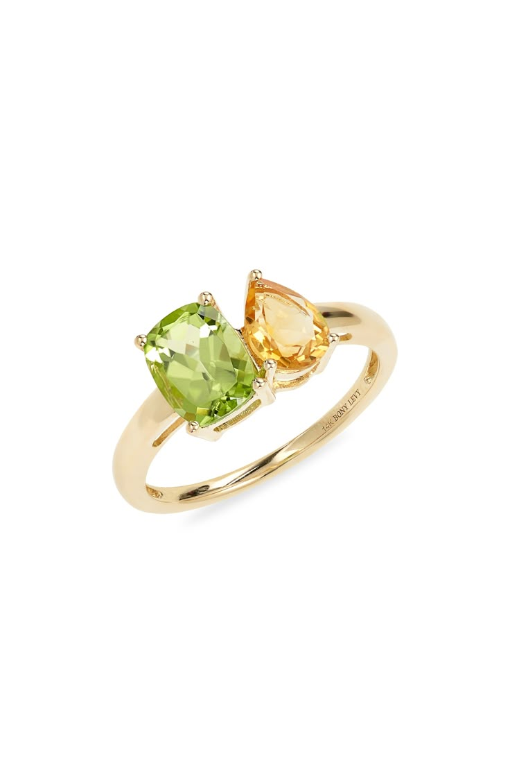 A dreamy duo of mixed-cut citrine and peridot adds an ethereal statement to this slender ring handcrafted from 14-karat gold. 14k gold/citrine/peridot   Imported   Certified member of the Responsible Jewellery Council (RJC), which sets standards for supply chain integrity and sustainability throughout the global jewelry and watch industries Peridot Ring Gold, True Spring Colors, Groovy Wedding, Citrine Ring Engagement, Peridot Engagement Rings, Yellow Diamond Engagement Ring, Bony Levy, True Spring, Citrine Jewelry