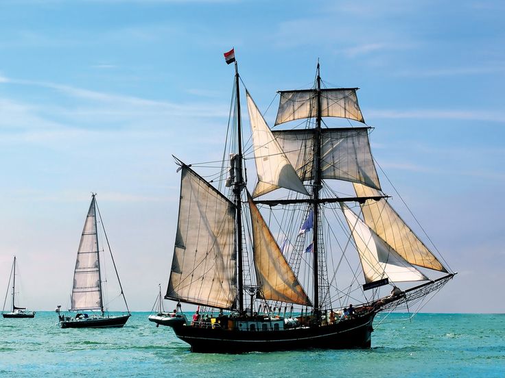 three sailboats sailing in the ocean on a sunny day