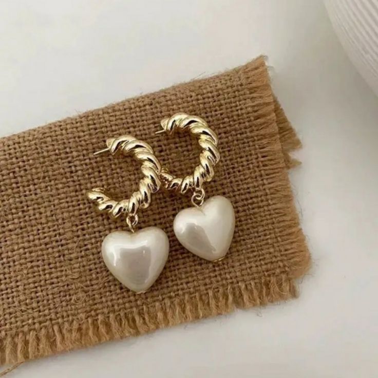 Beautiful Gold Twist Faux Pearl Heart Dangle Earrings, Hypoallergenic Ss Posts, Nwt White Metal Earrings For Valentine's Day, Valentine's Day White Metal Earrings, Trendy White Heart-shaped Earrings, White Heart Charm Earrings, Elegant White Metal Heart Earrings, Everyday White Heart Earrings, White Heart-shaped Earrings With Heart Charm, White Dangle Hoop Earrings For Valentine's Day, White Heart Drop Earrings For Pierced Ears