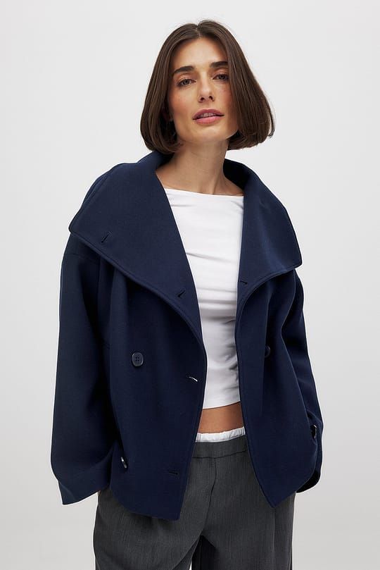 Double Breasted Short Coat Navy | NA-KD Uni Clothes, Long Sleeve Coat, Korean Casual, Long Sleeves Coats, Soft Summer, Trend Fashion, Clothing Hacks, Coat Pant, Fur Collars