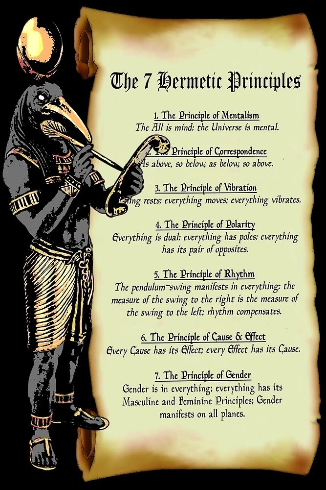 the 7 bernietic principles on parchment paper with an illustration of a man playing a trumpet