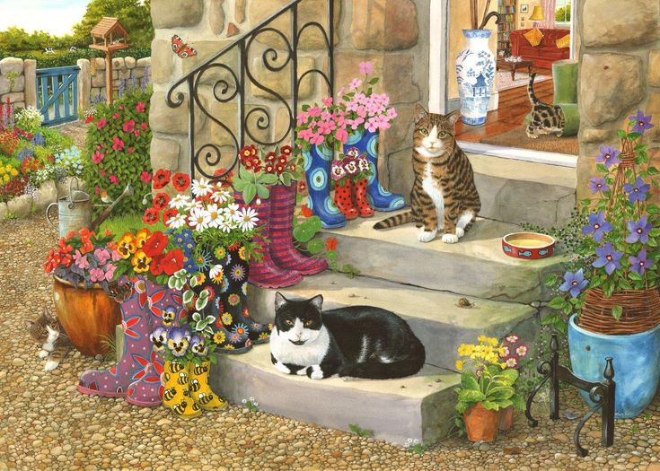 a painting of two cats sitting on the steps in front of a flower potted planter