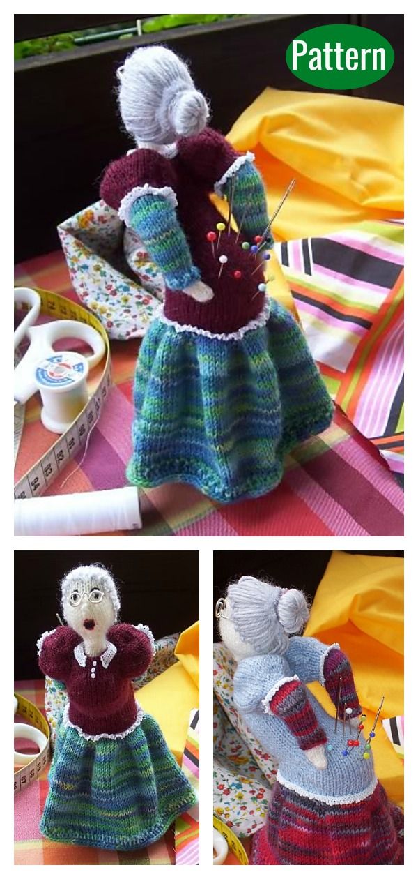 the doll is wearing a dress and holding a knitting needle in her hands, while another doll has crocheted clothes on it