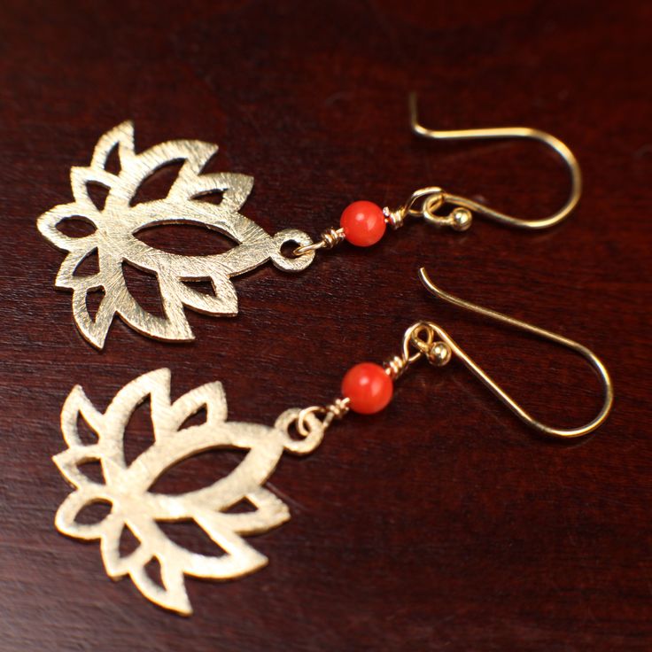 "18k Gold Vermeil Bali brush gold Filigree Lotus Flower 22mm long Handmade Earrings with genuine Coral Spacer, yellow gold color Earrings, gift , inner peach purity rebirth  Filigree size 21x23mm long  Earring length 2\" long Approx. 2g per earring" Gold Filigree Earrings As Gift, Gold Filigree Earrings For Gift, Gold Filigree Flower Earrings For Gift, Spiritual Sterling Silver Gold Earrings, Delicate Gold Earrings For Gift, Gold Flower-shaped Jewelry With Ear Wire, Gold Floral Jewelry With Ear Wire, Gold Dangle Flower Earrings For Gift, Yellow Gold-plated Flower Earrings For Gift