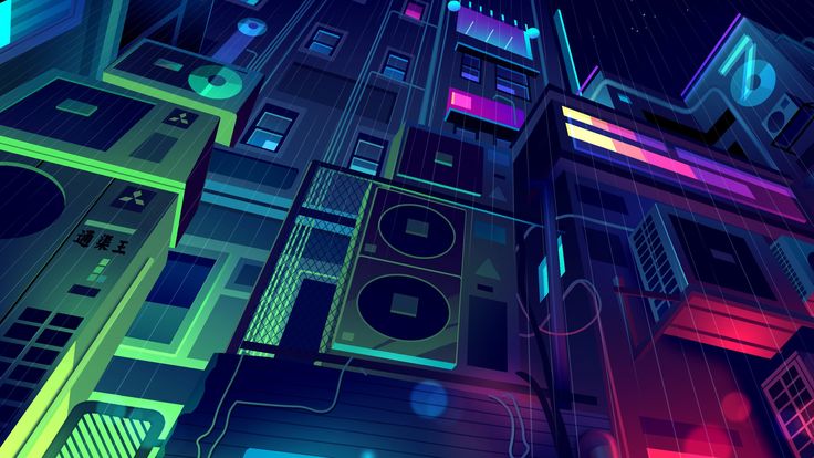 an abstract illustration of a city with neon lights and sound equipment on it's sides