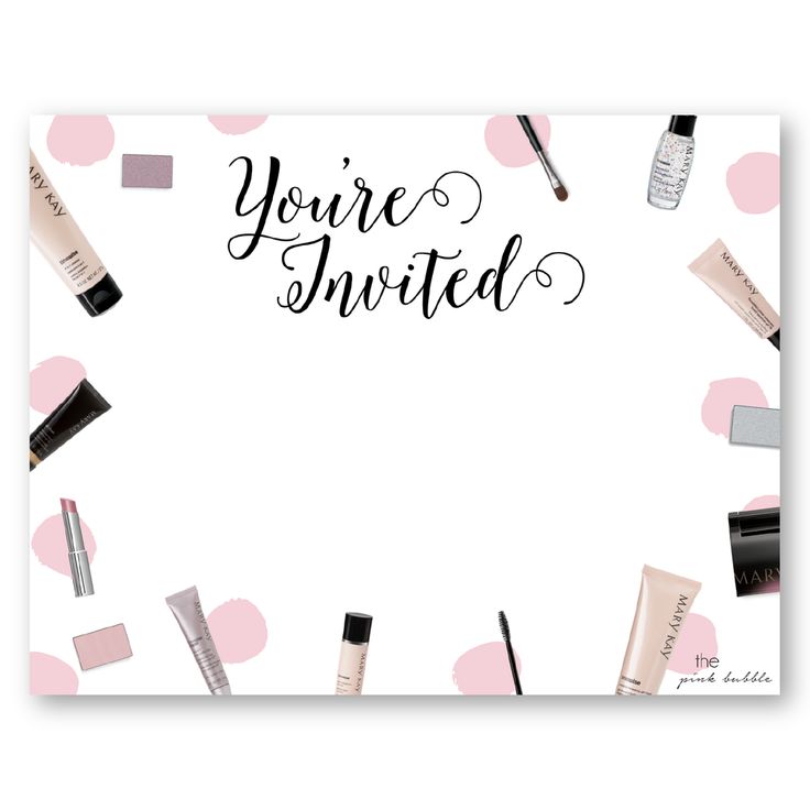 a card with the words you're invited surrounded by makeup products