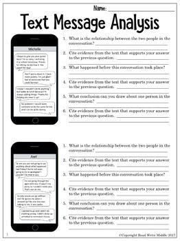 text message analysis worksheet with two cell phones next to each other on the same page