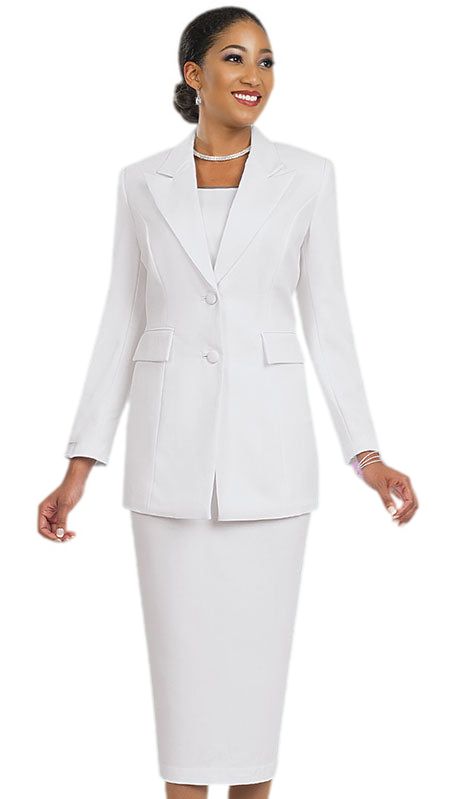 The Ben Marc 2299-WHT Church Suit represents sophistication and class all wrapped up in one beautiful package. This stunning two-piece ensemble features a single-breasted jacket poised with a sharp notch lapel that adds a refined touch to the outfit. The clean lines and structured form of the jacket ensure a flattering fit that enhances the silhouette. Accompanying the jacket is a knee-length skirt, crafted to complement the jacket's tailored appearance. The skirt remains conservative enough for White Elegant Suit With Double Button Closure, Elegant White Suit With Double Button Closure, Professional Notch Lapel Sets For Career, Fitted Career Suits With Suit Collar, Fitted Suits With Suit Collar, Professional Tailored Single Breasted Skirt Suit, Fitted Notch Lapel Professional Skirt Suit, Professional Fitted Notch Lapel Skirt Suit, Professional Notch Lapel Fitted Skirt Suit