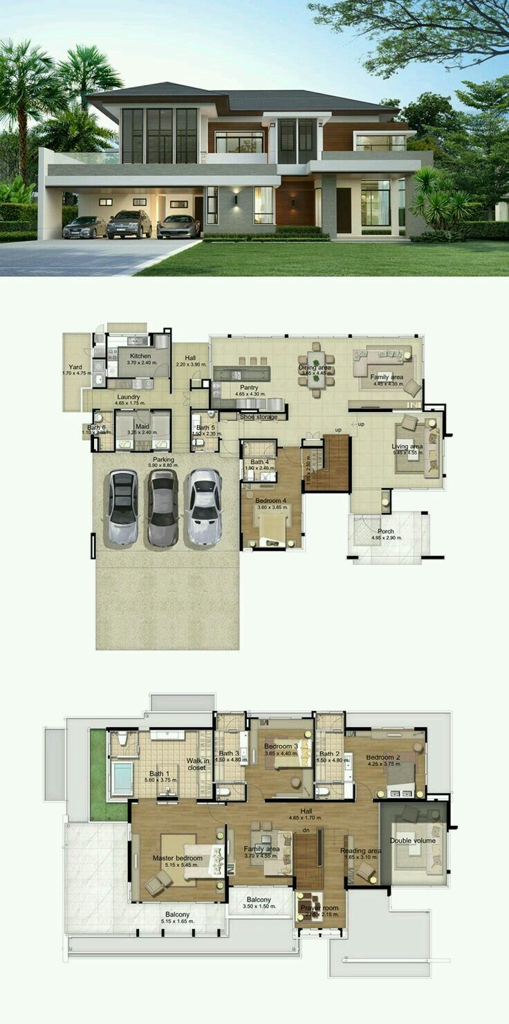 two story house plan with three car garages and an open living area in the middle