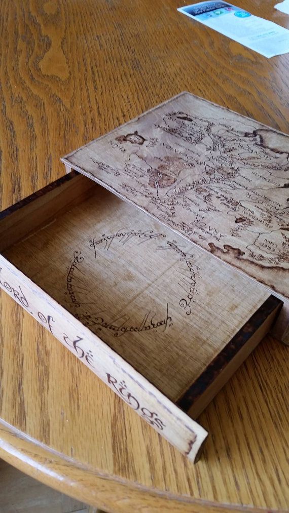 a wooden box sitting on top of a table next to an empty card board with writing on it