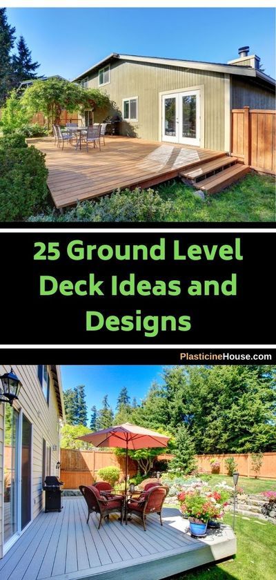 the back yard and deck area with text overlay that reads 25 ground level deck ideas and designs