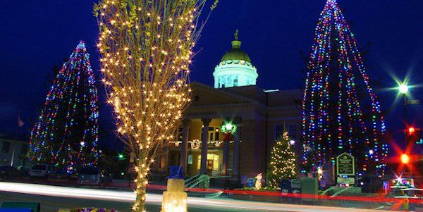 christmas lights decorate trees and buildings in the background