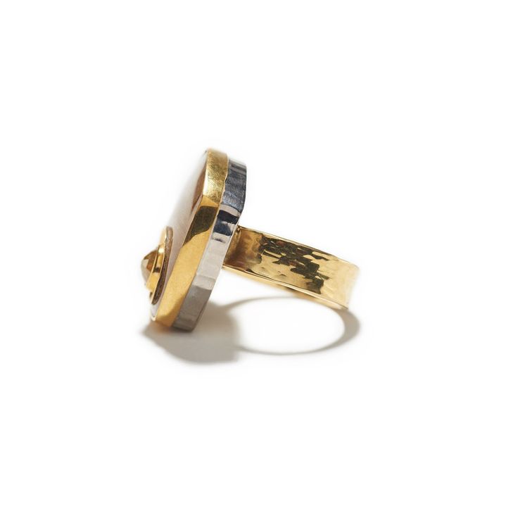 22K yellow gold, palladium, quartz, diamond 0.98 ctw • Size 8.75 (58.72mm) inside circumference • 0.98" (24.89mm) length of ring • 0.88" (22.35mm) width of ring • Can be sized up or down 2 sizes • One of a kind Gold Fusion Style Ring Jewelry, Gold Ring With Gemstone Accents, Luxury Jewelry Ring With Bezel Setting, Luxury Bezel Set Ring Jewelry, Yellow Gold Oval Fusion Jewelry, Luxury Bezel Set Ring, Fusion Style Oval Yellow Gold Jewelry, Luxury Gemstone Open Ring Jewelry, Gold Open Ring With Rose Cut Diamonds