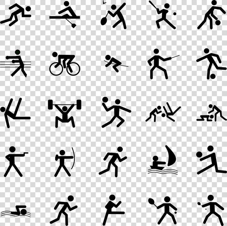 various silhouettes of people running, playing and jumping in different positions on a transparent background