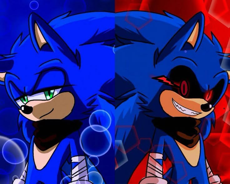 two sonic the hedgehogs standing next to each other in front of a red and blue background