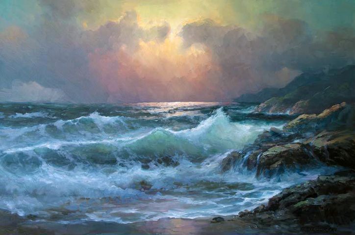 a painting of waves crashing on rocks in the ocean with sun shining through clouds above