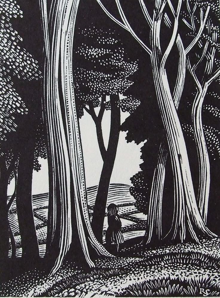 a black and white drawing of trees in the woods with a person walking through them