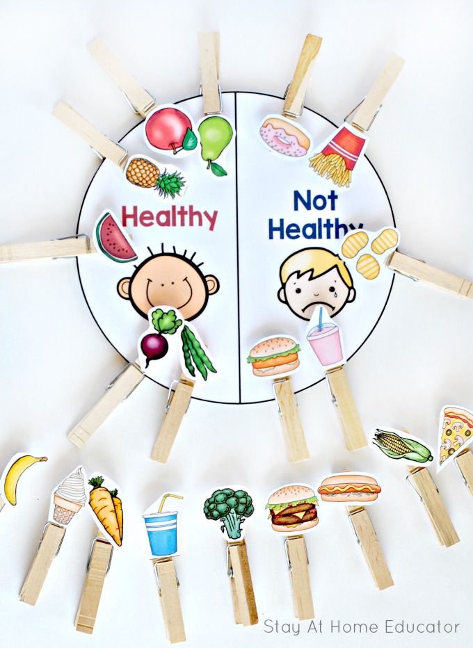 a group of children's wooden spoons with healthy and not healthy images on them