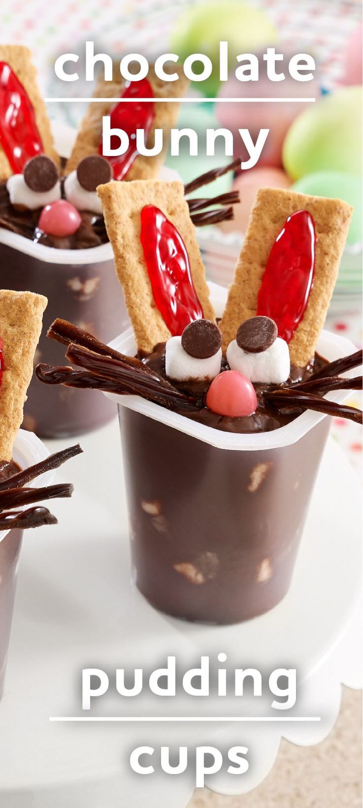 chocolate bunny pudding cups with marshmallows and candy in them for easter or springtime