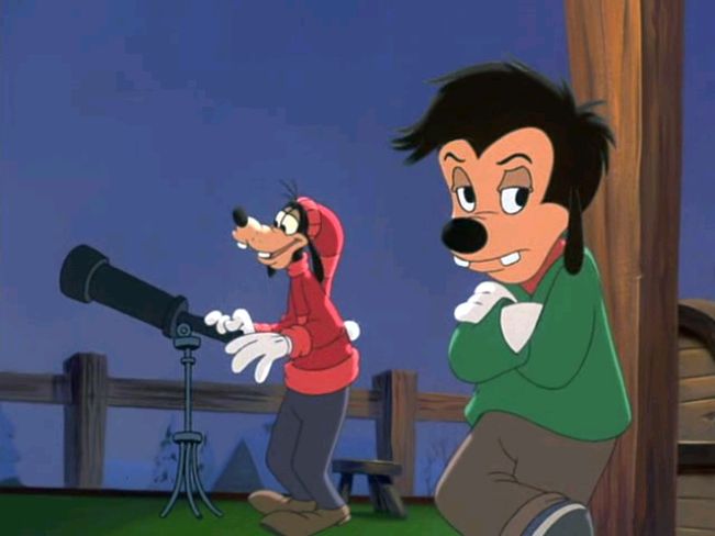 goofy and pluto looking at each other in front of a telescope