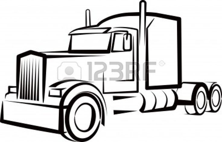 a black and white drawing of a semi - truck on a plain background, with the cab down