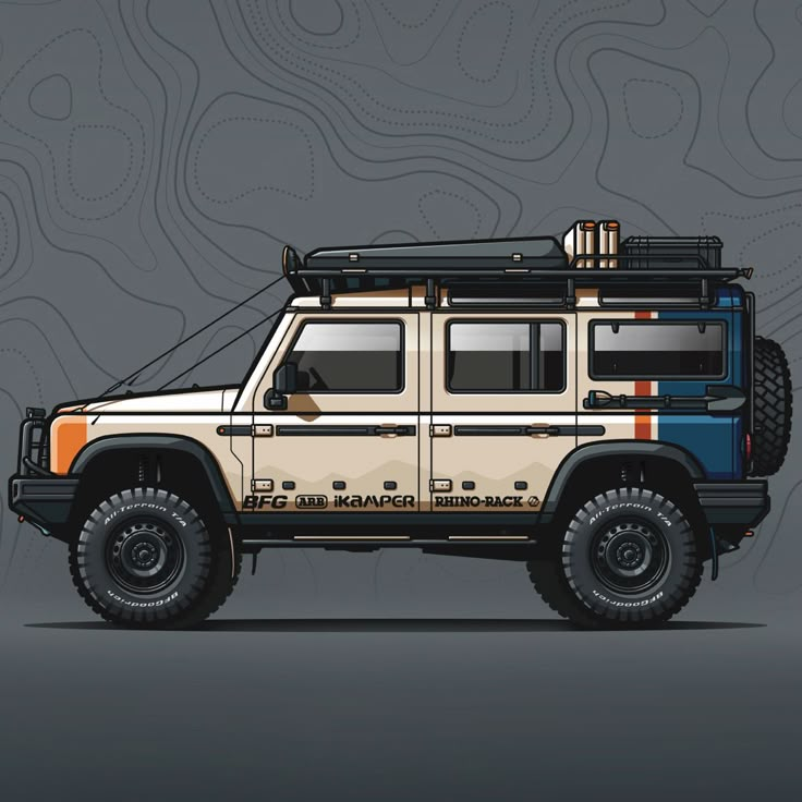 an off - road vehicle painted in the colors of orange, white and blue on a gray background