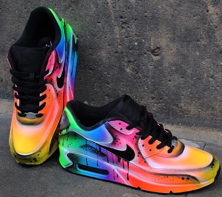 @customsneakerdude making the rainbow POP with these incredible “Neon Flash” Nike #AirMax90 customs, done with #jacquardproducts Airbrush Colors Airbrush Fashion, Graffiti Drip, Neon Nike Shoes, Air Max 90 Leather, Galaxy Style, Tie Sneakers, Painted Nikes, Abstract Graffiti, Custom Shoes Diy