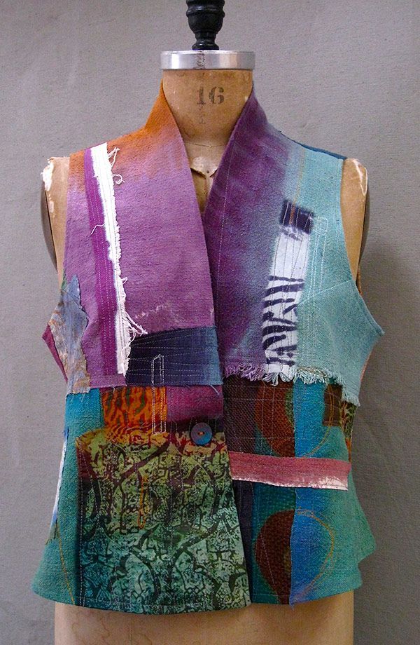 Dervish Mixed Silk Vest by Holly Badgely. This looks like a shortened and vest version of our Wearable Art Pattern Challenge. McCalls M7201. Quilted Clothing, Wearable Art Clothing, Patchwork Clothes, Silk Vest, Altered Couture, Patchwork Jacket, Vest Pattern, Recycle Clothes, Art Clothes