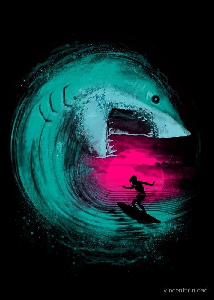 a person riding a surfboard on a wave in the ocean with a shark behind them