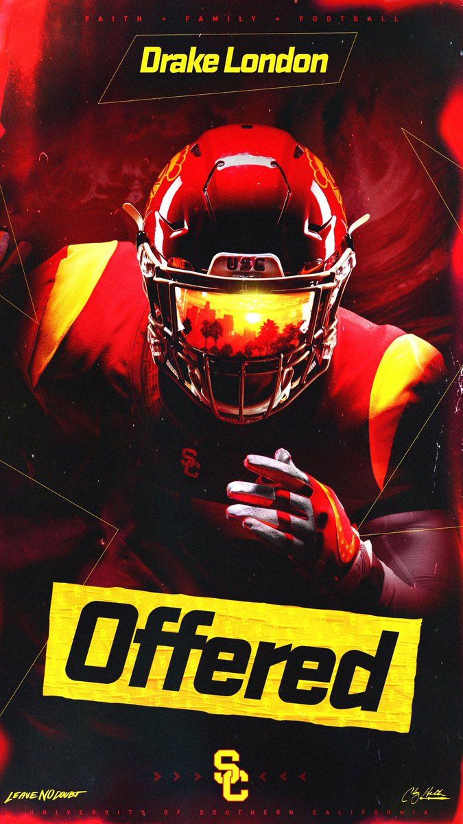 an advertisement featuring a football player with the words offered in yellow and red on it