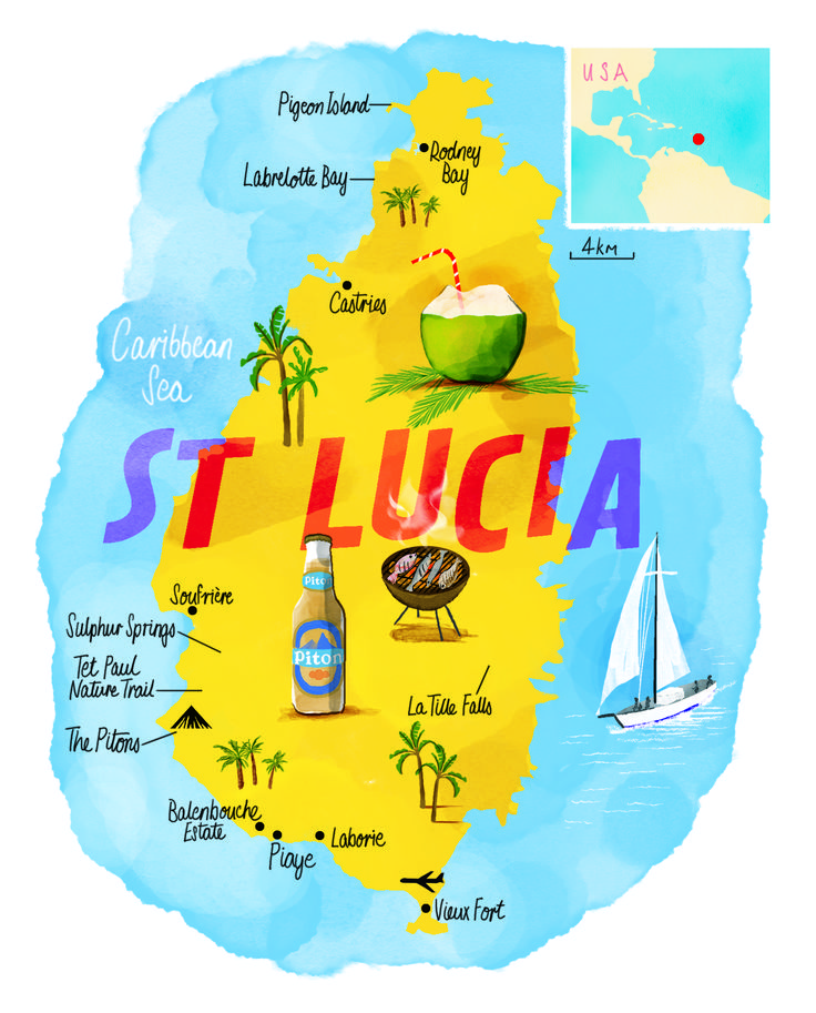 an illustrated map of st lucia with the main attractions