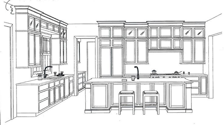 a line drawing of a kitchen with cabinets and counter tops, along with stools