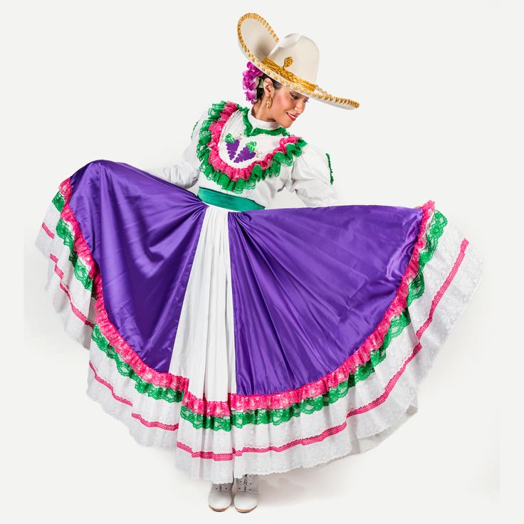 a woman wearing a purple dress and hat with the words mexican regional dances for performing arts