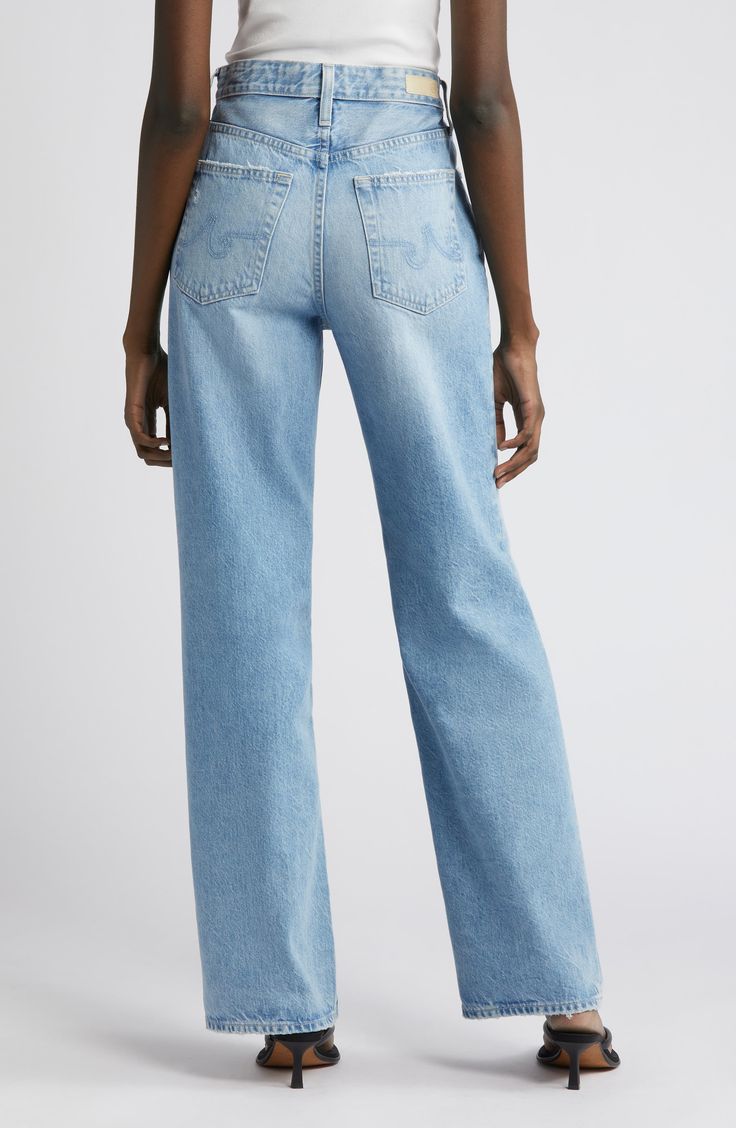 Effortlessly cool and laid-back, these jeans are made from premium nonstretch denim with a high waist and a loose fit through the wide, full-length legs. 32" inseam; 20" leg opening; 12 1/2" front rise; 15 1/2" back rise (size 29) Zip fly with button closure Five-pocket style 100% cotton Machine wash, tumble dry Made in the USA of imported fabric High Rise Denim Wide Leg Pants With Five Pockets, Wide Leg Rigid Denim Bottoms, Straight Fit Wide Leg Rigid Denim Bottoms, High Rise Flare Jeans With Relaxed Fit, Relaxed Fit Flare Jeans With Straight Hem, Wide Leg Straight Fit Bottoms In Rigid Denim, High Rise Wide Leg Pants With Five Pockets, Wide Leg Cropped Jeans With Five Pockets, Casual Wide Leg Pants With Straight Hem