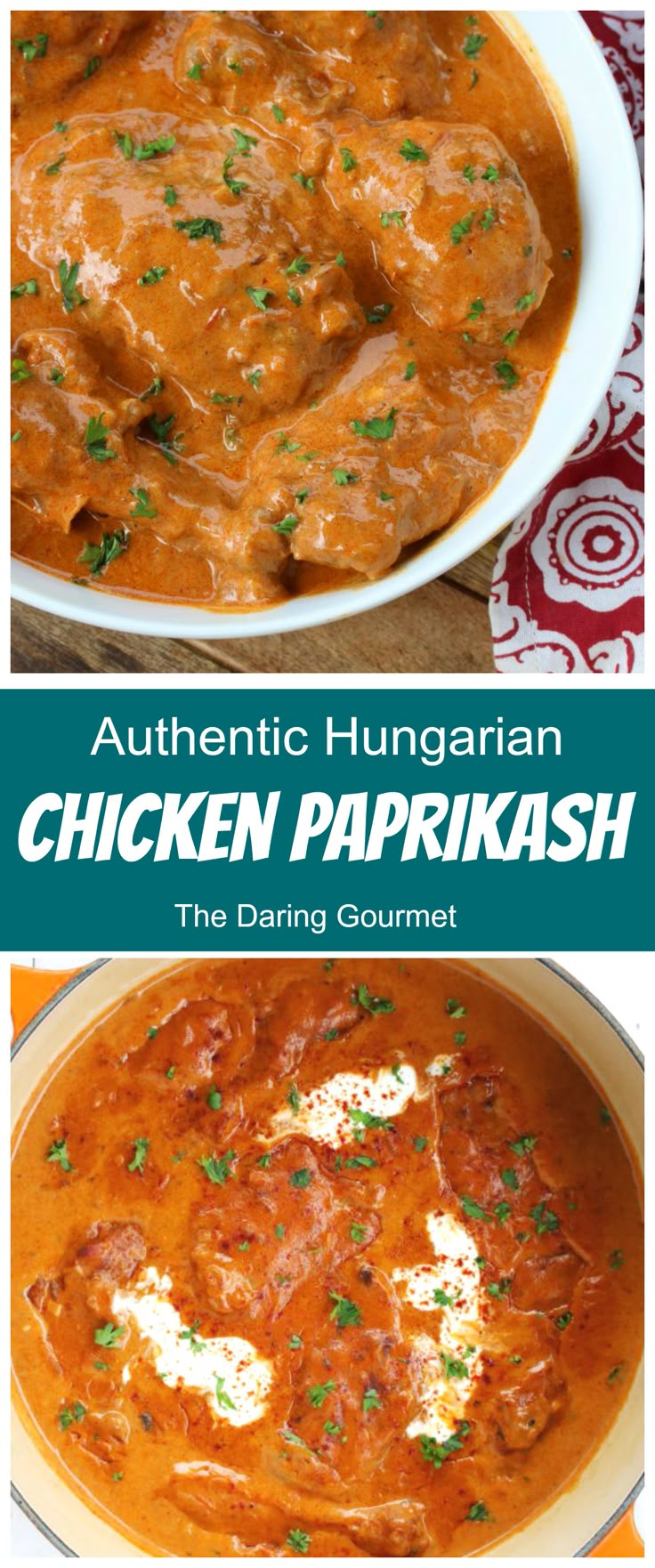 two pictures of chicken paprikash and the same one with text overlay that reads authentic hungarian chicken paprikash