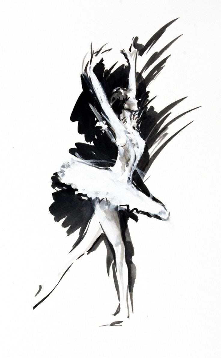 a black and white drawing of a ballerina with her arms outstretched in the air