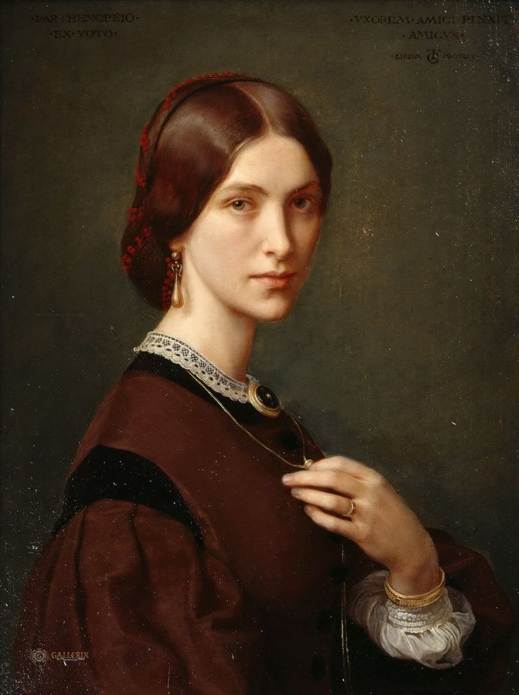 an old painting of a woman with red hair wearing a brown dress and gold jewelry