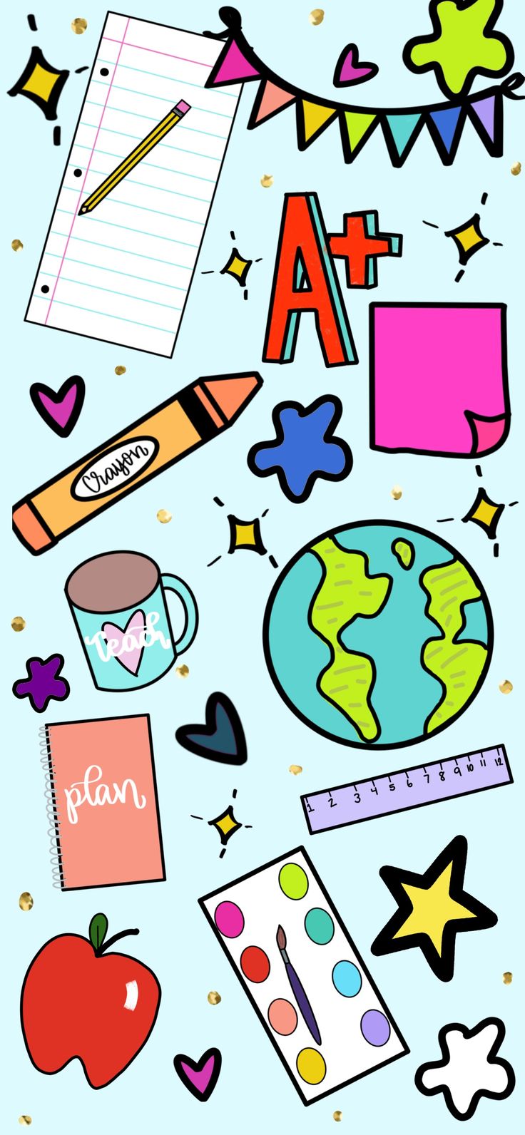 the back to school poster is full of colorful items and writing on it, including an apple