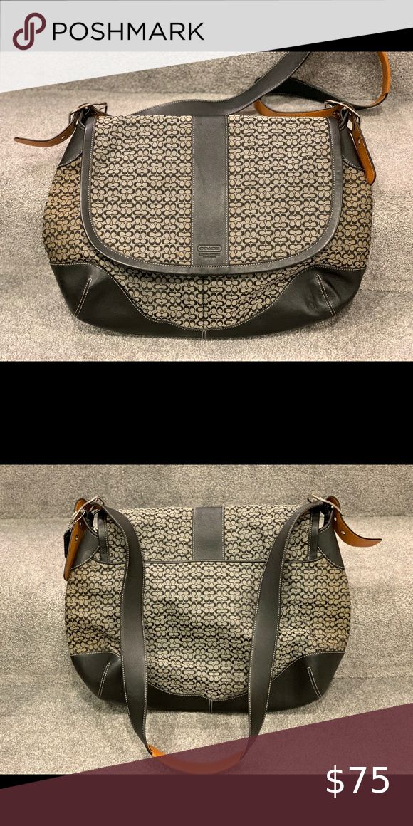 Coach Messengerbag Super cute and in great condition! Grey and black with leather strap. Approximately 15 in wide and 13 in tall. 5 pockets to store anything you may need. ALL SALES FINAL! Coach Bags Shoulder Bags Coach Lights, Brown Shoulder Bag, Coach Shoulder Bag, Hanging Bag, Black Shoulder Bag, Signature Print, Vintage Coach, Small Shoulder Bag, Coach Purses