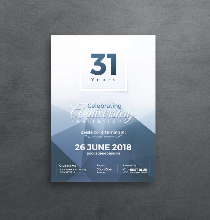 an event poster for 31 years celebrating the 30th anniversary of the company, with blue and white geometric shapes