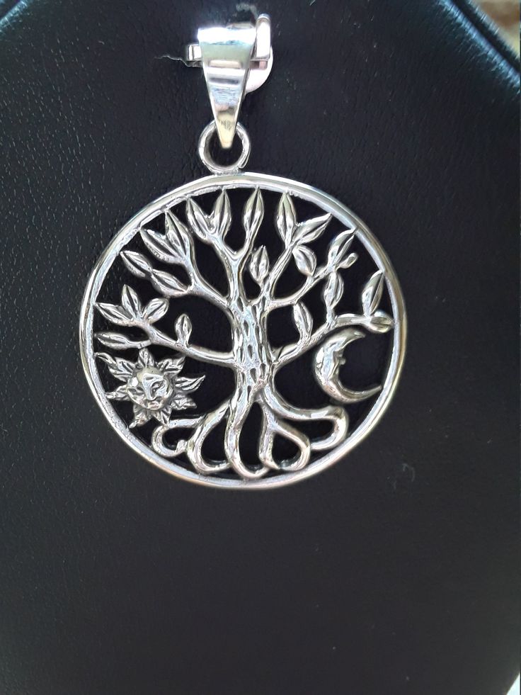 Celestial pendant with Tree of Life and sun and moon. .925 sterling silver Symbolic Silver Necklace With Tree Of Life, Tree Of Life Necklace Silver, Unique Tree Of Life Round Pendant Necklace, Sterling Silver Tree Of Life Round Pendant Jewelry, Celestial Pendant, Silver Tree Of Life Pendant, Silver Tree, Tree Of Life Pendant, Sun And Moon