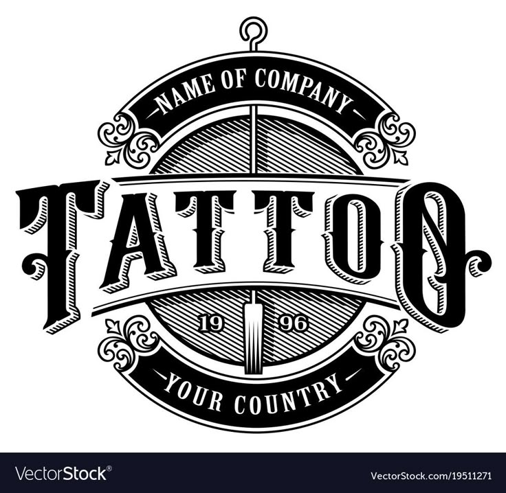 an old style tattoo shop logo with the name tattooed in black on a white background