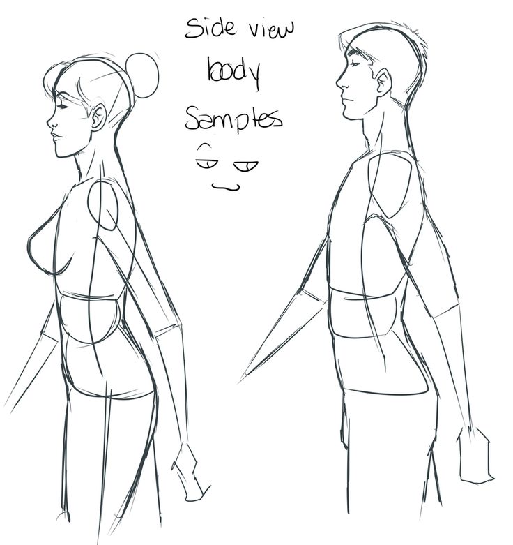 a drawing of two people standing next to each other with the words side view and body samples