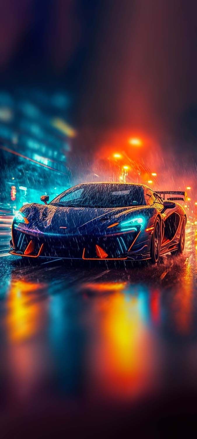 a blue sports car in the rain at night