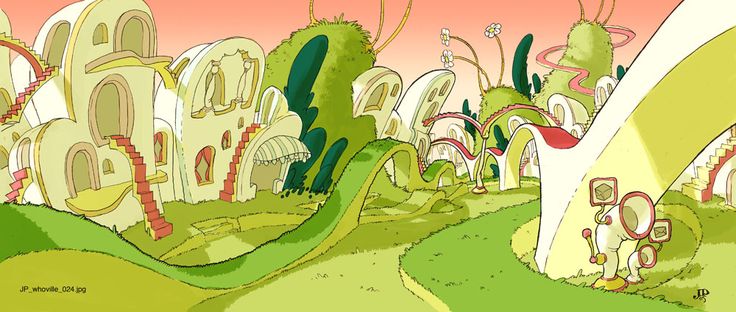 an image of a cartoon scene with trees and buildings