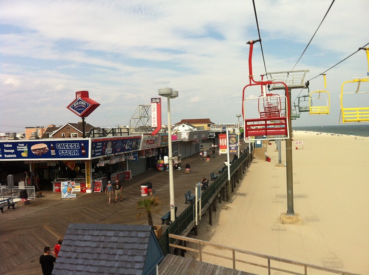 an empty boardwalk next to the beach with people walking on it