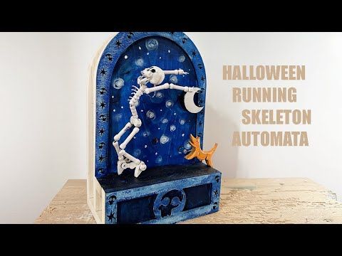 a blue box with a skeleton on it and the words halloween running skeleton automatta