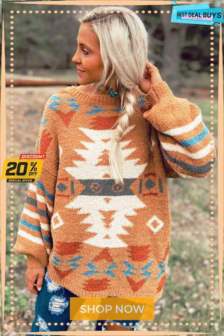 Aztec Print Long Sleeve Tunic Knitted Sweater Bohemian Jacquard Knit Sweater For Fall, Fall Bohemian Jacquard Knit Sweater, Cozy Brown Knitted Top, Casual Acrylic Sweater With Fair Isle Pattern, Bohemian Knit Sweater With Fair Isle Pattern, Brown Knitted Acrylic Tops, Bohemian Fair Isle Knit Sweater, Brown Textured Knit Acrylic Sweater, Brown Acrylic Knitted Tops