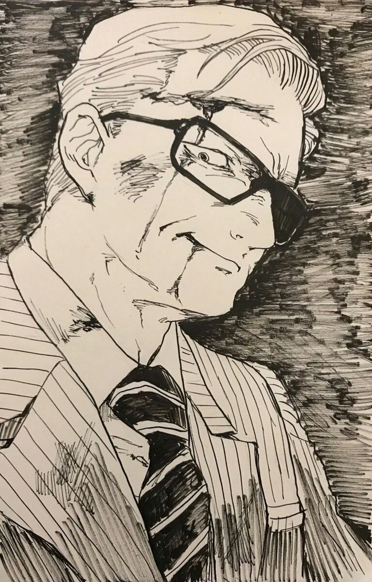 a black and white drawing of a man wearing glasses, a suit and tie with his head turned to the side