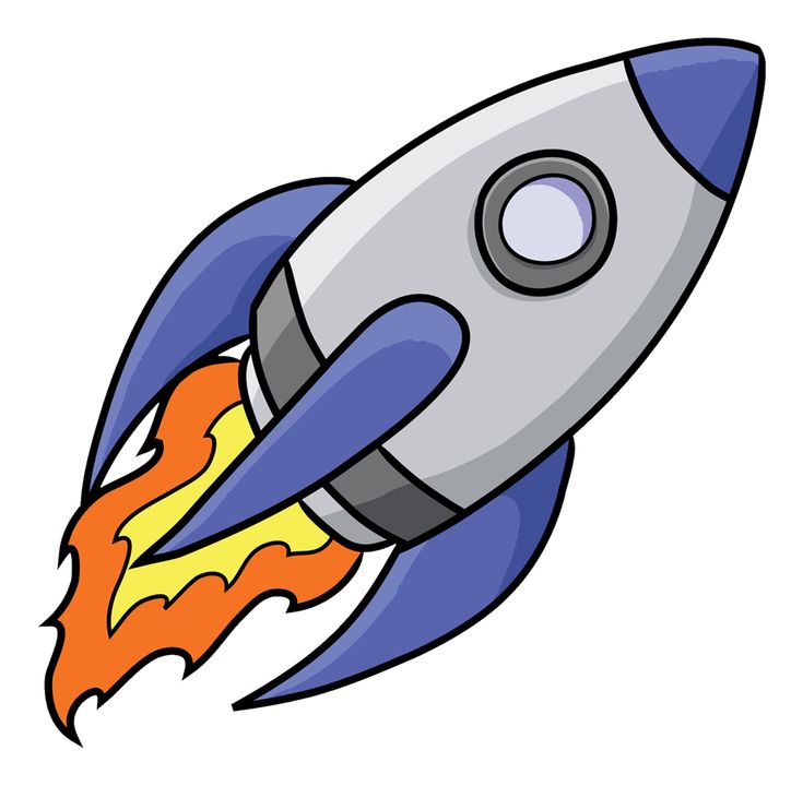 a cartoon rocket ship flying in the sky with its wheels down and flames coming out